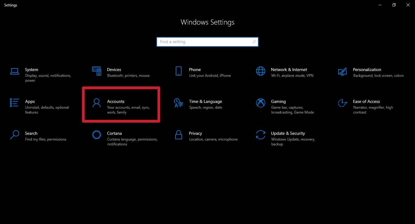 Tap on Account on your Windows Settings